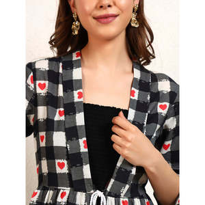 Vestido Maxi Deebaco para Mujer con Estampado de Corazones a Cuadros, Frente Abierto, Estilo Modesto, Manga Corta, Cuello Redondo, Cintura Natural - Product Image 2