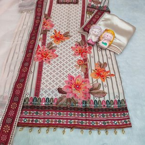 Ensemble en mousseline de coton pur de qualité supérieure, taille grande, traditionnel, lilas, broderie à la main, véritable travail de miroir, dentelle fantaisie, pour les fêtes - Product Image 4