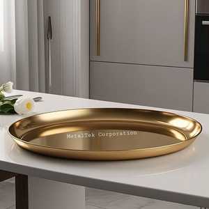 Plateau Ovale Plaqué Or en Acier Inoxydable de Qualité Supérieure Taille Personnalisée Vente en Gros Décoratif Commercial Hôtel Fournitures Alimentaires Plateaux de Service - Product Image 2