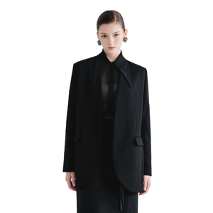 Vestes élégantes en tissu de coton froissé pour femmes avec deux poches sur le devant PERA BLAZER SANS COL À UN SEUL BOUTOIR pour les dames de bureau - Product Image 1