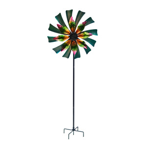 Molinillo de viento para jardín con diseño de flores de doble capa con aspas vibrantes en verde, amarillo y rosa que crean movimiento con el viento - Product Image 2