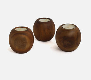 Handcrafted Set Of Three Spherical Globular Wooden <b>Tealight</b> Candle <b>Holders</b> Rustic Natural Wood Votive Stand For Home Decor - Product Image 1