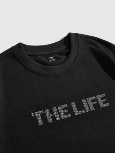 T-shirts pour hommes en coton 100% noir surdimensionnés avec strass personnalisés, poids lourd, épaules tombantes, style streetwear, tee-shirt 200 g/m², col rond en soie - Product Image 3