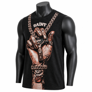 Camiseta sin mangas negra personalizada al por mayor para hombre, estilo urbano, con estampado de cadena - Product Image 3