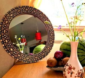 Arabesque <b>Mosaic</b> Round <b>Mirror</b>: Mother of Pearl Inlaid Frame, Antique Style - Product Image 3