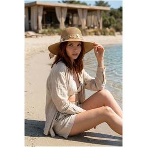 Sombrero de Paja Color Camel para Mujer con Cinta y Perlas HSR2071 - Camel8 - Product Image 2
