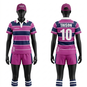Uniforme de rugby pour femmes, polyester de qualité supérieure, tissu respirant, short en jersey à rayures rose et marine, logo personnalisé par sublimation, kit d'équipe - Product Image 6