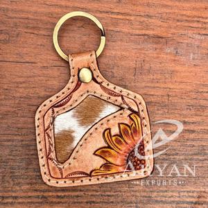 Llavero de cuero personalizado cosido a mano, llavero de girasol de cuero genuino occidental, llaveros de vaquera - Product Image 1