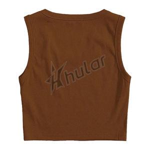 Haut court marron personnalisé en coton tricoté pour femmes basique décontracté sans manches col rond design côtelé - Product Image 1