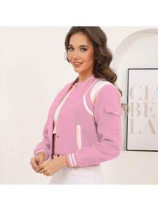 Chaquetas Universitarias Rosa Pastel para Mujer, Cortas, Bordadas, Transpirables, Diseño de Paneles Suaves, Ropa Exterior Universitaria, Estilo Béisbol, Moderno - Product Image 2