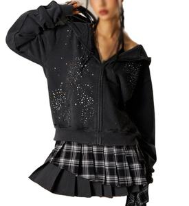 Vente en gros de sweats à capuche zippés en strass pour femmes et hommes, vestes décontractées à capuche OEM unisexe, sweats à capuche amples en cristal Y2K avec poches en strass - Product Image 5