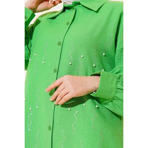 Benetton Chemise formelle pour femme Taille XL Embelli de perles Logo brodé sur le devant Style solide Satin de soie mousseline de soie popeline ample - Product Image 4