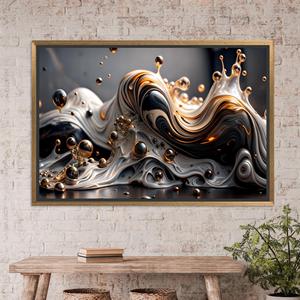 Toile d'art abstraite moderne avec impression de gouttes liquides dorées et noires, TOILE ENCARTÉCHÉE DORÉE - Product Image 1