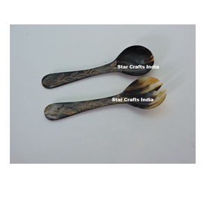 High Quality <b>Polished</b> <b>Black</b> Model Pattern Salad Servers Set Horn and Handle Spoon Fork for Kitchen Hotel Use Kitchneware - Product Image 1