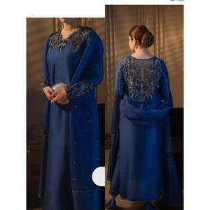 Robe longue bleu roi faite à la main, silhouette droite élégante pour soirée formelle, style pakistanais Merram - Tailles XS à XL - Product Image 4