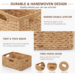Panier de <span class=keywords><strong>rangement</strong></span> carré en jacinthe d'eau naturelle tressé à la main avec trois poignées, style rustique, pour la décoration intérieure, vente en gros, OEM - Product Image 2