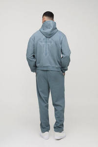 Conjunto Deportivo Unisex Azul Pizarra de 500 g/m², Sudadera con Capucha Extra Grande y Holgada con Bordado Cruzado y Cremallera, Pantalones Deportivos con Pedrería Personalizada - Product Image 3