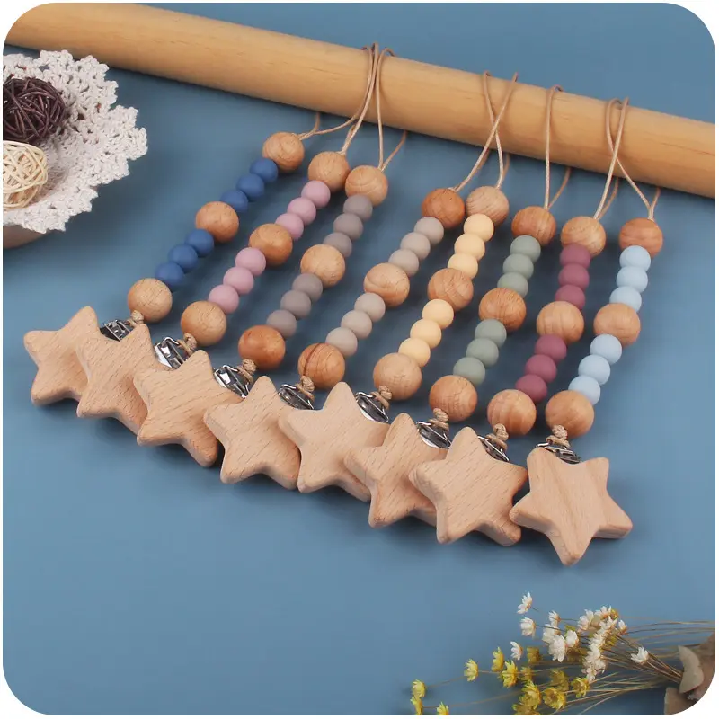 Baby Pacifier Clip Chain Tooth Glue Anti Falling Chain Wooden Small Star Silicone Bead Pacifier Chain Baby Products