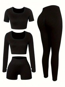 Ensemble de yoga sans couture 4 pièces pour femmes High Street Professional Factory Made Gym Sports Wear Solid Top & Bottoms Short Length Tops - Product Image 2