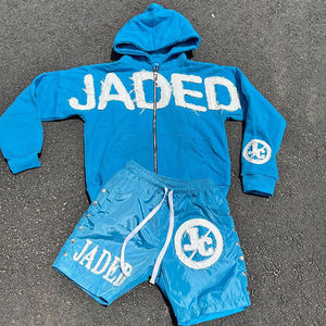 Parches bordados desgastados personalizados, traje de Jogger de nailon y algodón, sudaderas con capucha de gran tamaño, conjunto de pantalones cortos, chándales para hombres - Product Image 4