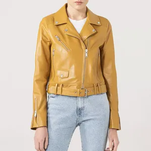 Blouson de motard en cuir véritable jaune pour femme, ceinturé à la taille, avec fermeture éclair asymétrique et revers, en peau de mouton, manteau de moto personnalisé couleur moutarde - Product Image 1