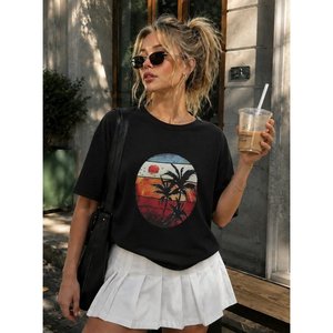 Blusa de viscosa con estampado de palmeras y manga corta para mujer, 37800 - Negro - Product Image 1