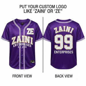 Maillot de baseball pour homme 180 GSM en polyester interlock violet et blanc avec logo personnalisé, appliqué en sergé, fermeture boutonnée, double bordure rayée - Product Image 1