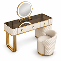 Ensemble de table de maquillage matelassée de luxe avec miroir rond LED, 3 tiroirs, chaise rembourrée, taille et couleur personnalisées, garantie de 2 ans