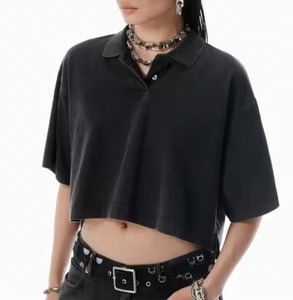 Coton délavé à l'acide pour femmes recadrée pour Polo motif solide respirant Style tricoté décontracté noir Design surdimensionné - Product Image 2