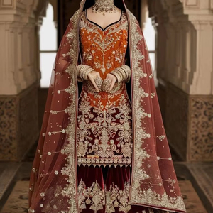 Nuevo-Hermoso vestido nupcial Kurta & Sarara con elegante dupatta con Dabka pesado adornado, perlas, trabajo de bordado de piedra = 2025 - Product Image 1