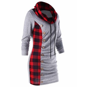 Women Gothic Plaid Dress Winter Thick Long Sleeve Casual Vintage Party <b>Scarf</b> Collar Buttons Dress Femme Large Size Sweater Shirt - Product Image 3