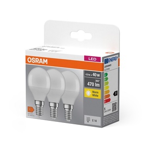 Confezione da 3 lampade sferiche LED satinate attacco E14 4,9W 2700K (Osram 4058075090507) - Product Image 1