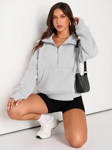 <b>Women's</b> Light Gray Cropped <b>Half</b>-<b>Zip</b> <b>Sweatshirt</b> Regular Fit Knitted Cotton Blend Autumn Wear Stand Collar Full Sleeve - Product Image 2