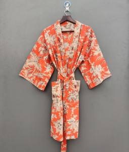 Kimono con estampado de algodón 100% Floral naranja bohemio hecho a mano, bata de ducha ligera, secado rápido, transpirable, hasta la rodilla, Verano - Product Image 1