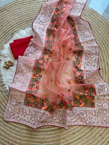 ผ้าโปร่งบางเนื้อนิ่มผ้าแพรส่าหรีปักลายสวยงามแบบดั้งเดิมสำหรับเสื้อผ้าอินเดียปากีสถาน - Product Image 5