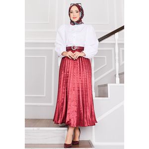 Jupe midi plissée en satin bordeaux avec pierres imprimées et brodées numériquement XS Style droit formel respirant Long garçon - Product Image 5