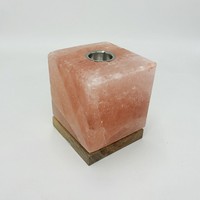 Lampe de sel rose de l'Himalaya 4kg en forme de cube 15W Lumière incandescente blanc chaud Base en bois Brûle les essences Yoga Méditation 15m²