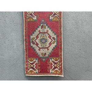 Vintage Turkish Rug Small 1.7x3.2 ft (52x98 Cm) Eco Friendly <b>Red</b> Patchwork <b>Wool</b> Rug with Latex Backing - Product Image 1