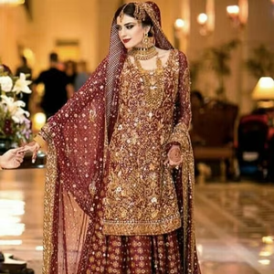 -De-de novia-vestido-Heavy-Kurta larga con Lehenga. Adornos de cristal cuentas de vidrio de trabajo de la piedra para la boda = 2021. - Product Image 4