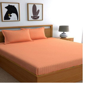 Custom Made Plain Cotton Satin Stripe Bedsheets in Size 100 X 108 Inches with Zig Zag Stitching in Orange Colour - Product Image 6