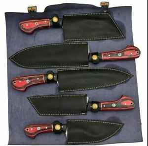 Juego de 5 cuchillos de cocina hechos a mano de acero de Damasco personalizados con mango de madera Pakka y bolsa de cuero - Product Image 3