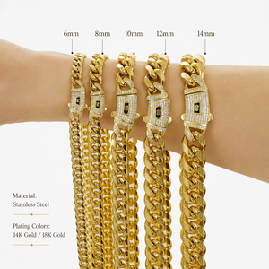 メンズ ヒップホップ 6～14mm マイアミ キューバン チェーン ネックレス 14K 18K ゴールドメッキ ステンレス スチール モナコ キューバン リンク - Product Image 1