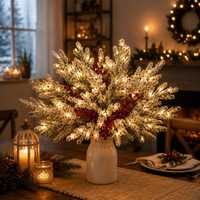 Branches artificielles de pin de Norfolk avec baies rouges, floquées de neige, guirlande LED, arrangement floral pour la décoration de Noël à la maison