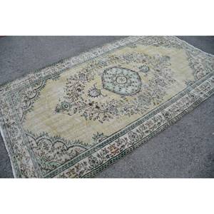 Classic Vintage Turkish Rug 5.2 X 9ft <b>Yellow</b> Green Patchwork Design <b>Wool</b> Flat Weave for Living Room Decorations Latex Backed - Product Image 2