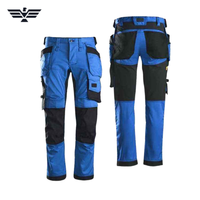 Pantalones de Trabajo Unisex Azules con Refuerzos Negros en las Rodillas, Bolsillos, Resistentes a la Abrasión, de Algodón, Uniformes para Artesanos