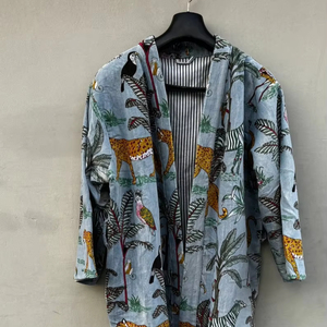 Chaqueta larga de terciopelo con estampado de jungla, Kimono, albornoz, Vestido de playa, vestido bohemio de terciopelo de algodón estampado hecho a mano - Product Image 1