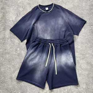 Alta calidad 100% algodón Sun Faded Street Wear Camisa y pantalones cortos Conjunto de 2 piezas Logotipo personalizado Conjunto doble en blanco Forma Lavado con ácido - Product Image 4