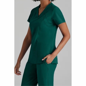 Conjuntos de uniformes médicos de enfermería elásticos de manga corta con cuello levantado OEM al por mayor, uniformes de Spandex para correr - Product Image 3