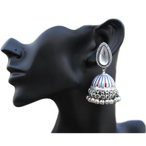 silver look alike brass meenakari stone traditional handmade 2024 stud ghungro jhumka hoop earing for girls and women - Product Image 3