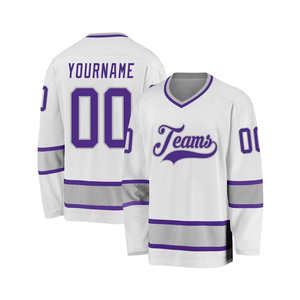 Camiseta de hockey sobre hielo personalizada, último estilo, púrpura, blanco y gris, sublimación, conjunto de nombre del equipo OEM - Product Image 1